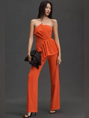 Elliatt Mira By Anthropology Strapless Peplum Jumpsuit in Coral Red